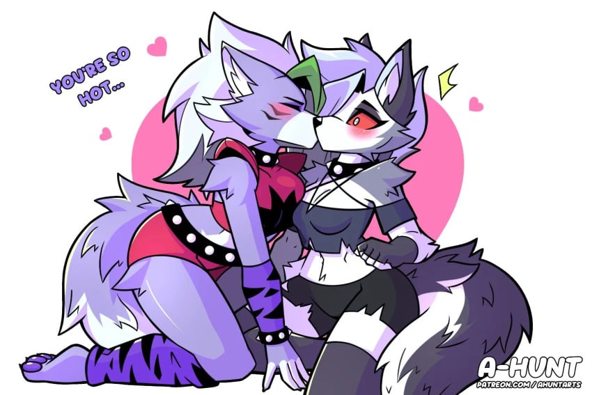 2girls a-hunt anthro crossover female female_only five_nights_at_freddy's five_nights_at_freddy's:_security_breach helluva_boss kissing loona_(helluva_boss) multiple_girls red_sclera roxanne_wolf_(fnaf) tail yuri