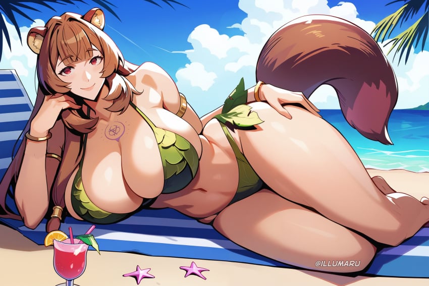 1girls 2024 ai_generated animal_ears bangs beach bikini breasts brown_hair chubby closed_mouth curvaceous curvy curvy_body curvy_female curvy_figure detailed female female_focus female_only hair_ornament hi_res highres illumaru large_breasts laying_on_side leaf leaf_bikini looking_at_viewer patreon_username pink_eyes ponytail raccoon_ears raccoon_tail raphtalia slightly_chubby smile solo stable_diffusion swimsuit tail tate_no_yuusha_no_nariagari thick_thighs voluptuous voluptuous_female wide_hips