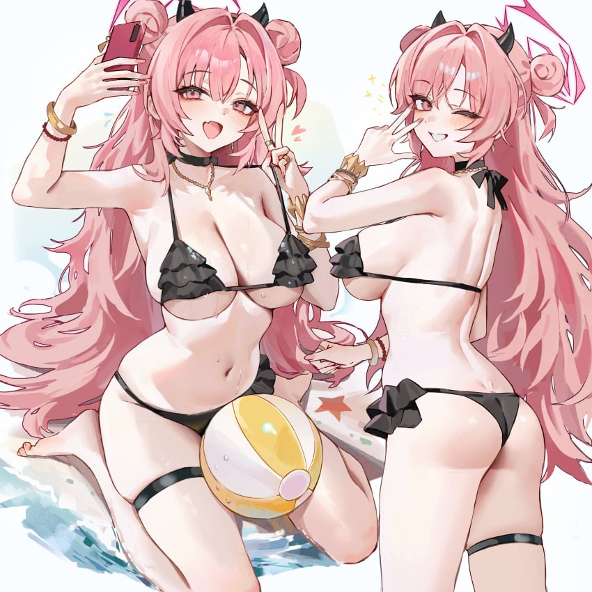 ass beach_ball bikini black_bikini blue_archive cute_fang double_bun female frilled_bikini fungi_(fungi542/gompang_11) gehenna_academy_student grin hair_bun kirara_(blue_archive) large_breasts micro_bikini object_between_thighs one_eye_closed peace_sign smile sparkle_club_(blue_archive) swimsuit taking_selfie thigh_strap v