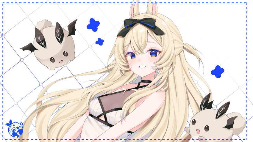 1girl :d bangs bare_arms bare_shoulders black_choker blonde_hair blue_eyes blush bow breasts bunny_ears bunny_girl choker cleavage criss-cross_halter dress eyebrows_visible_through_hair female grin hair_between_eyes hair_bow hair_ribbon horns long_hair looking_at_viewer medium_breasts parted_lips ribbon sleeveless smile solo star_(symbol) striped upper_body very_long_hair virtual_youtuber vyugen yenko