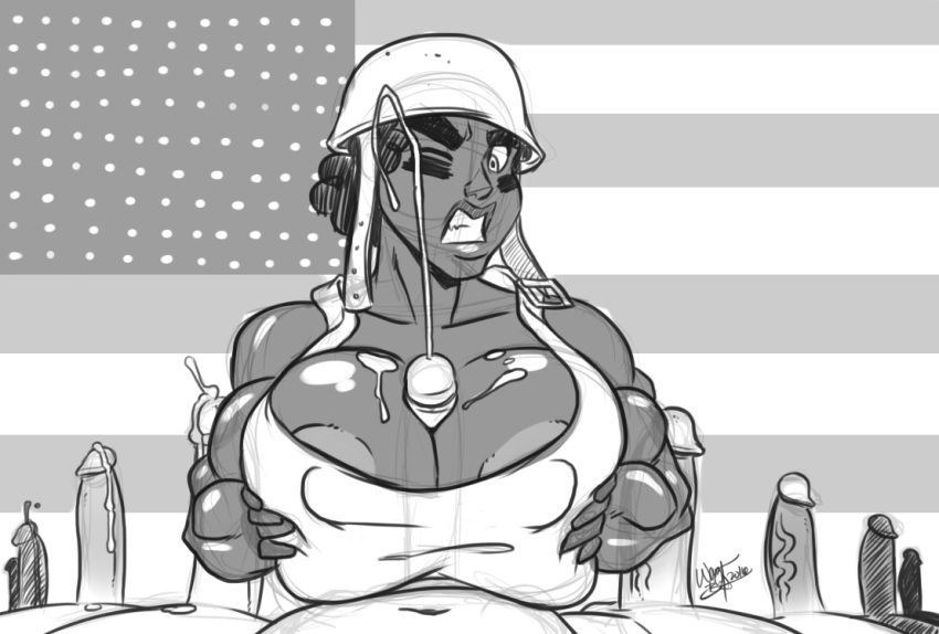 1girls aeolus06 american_flag areolae big_breasts breasts clothed_sex dieselbrain face_paint helmet huge_breasts mass_orgy monochrome muscles outercourse paizuri patreon private_paizuri signature