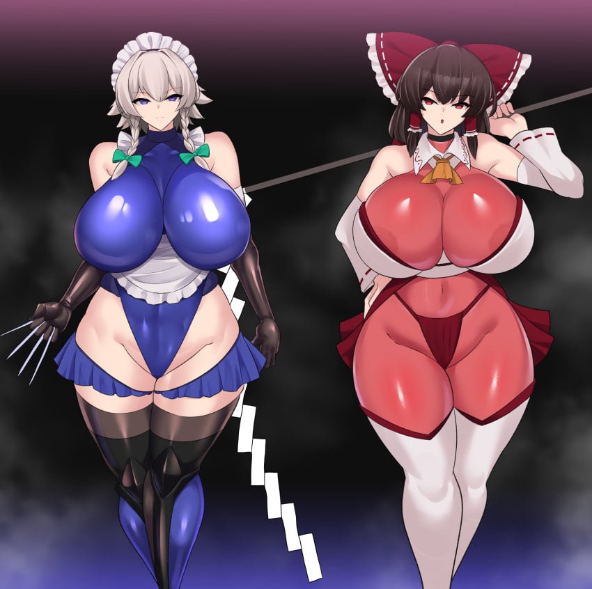 2girls alternate_costume beltskirt bodysuit brainwashing female gohei huge_ass huge_breasts leotard multiple_girls nipples pre_transformation reimu_hakurei sakuya_izayoi sinkai taimanin_suit thick_thighs touhou transformation voluptuous_female wide_hips