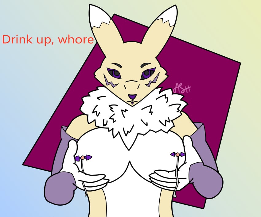 6:5 absurd_res anthro ash_the_skunk bandai_namco barbell_piercing bodily_fluids breasts canid canine digimon digimon_(species) facial_piercing female fur hi_res humanoid lactating lip_piercing mammal nipple_barbell nipple_piercing nipples piercing presenting renamon solo white_body white_fur yellow_body yellow_fur