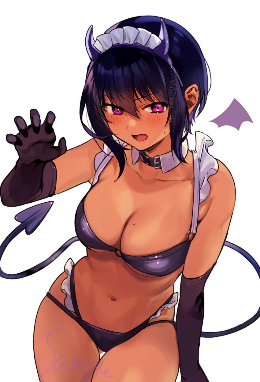 1girls bare_shoulders big_breasts bikini black_bra black_choker black_gloves black_panties blush bob_cut bra breasts brown_skin choker cleavage collarbone cowboy_shot dark-skinned_female dark_skin demon_girl demon_horns demon_tail demon_wings detached_collar ear elbow_gloves eyeliner fake_horns female female_focus female_only frills gloves hair_between_eyes horns konbu_wakame large_breasts lilith_(saikin_yatotta_maid_ga_ayashii) lingerie looking_at_viewer maid maid_headdress makeup matching_hair/eyes mole mole_on_breast mole_under_eye navel panties pink_eyes purple_eyes purple_hair saikin_yatotta_maid_ga_ayashii short_hair sidelocks solo sweatdrop tail thighs underwear wings