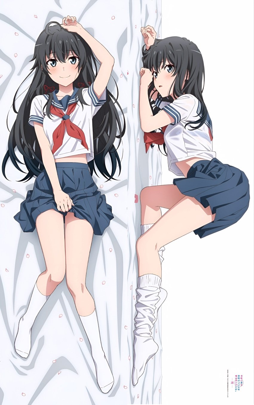 ahoge arm_up ass bare_belly bare_legs bare_thighs bed_sheet black_hair blue_eyes blush bra_visible_through_clothes breasts collarbone dakimakura dakimakura_design feet hand_holding_skirt knee_socks kneehighs kneesocks long_hair loose_socks lying mouth_closed my_teen_romantic_comedy_snafu official_art open_mouth school_uniform see_through_clothing skirt small_breasts smile socks thighs white_socks yukinoshita_yukino