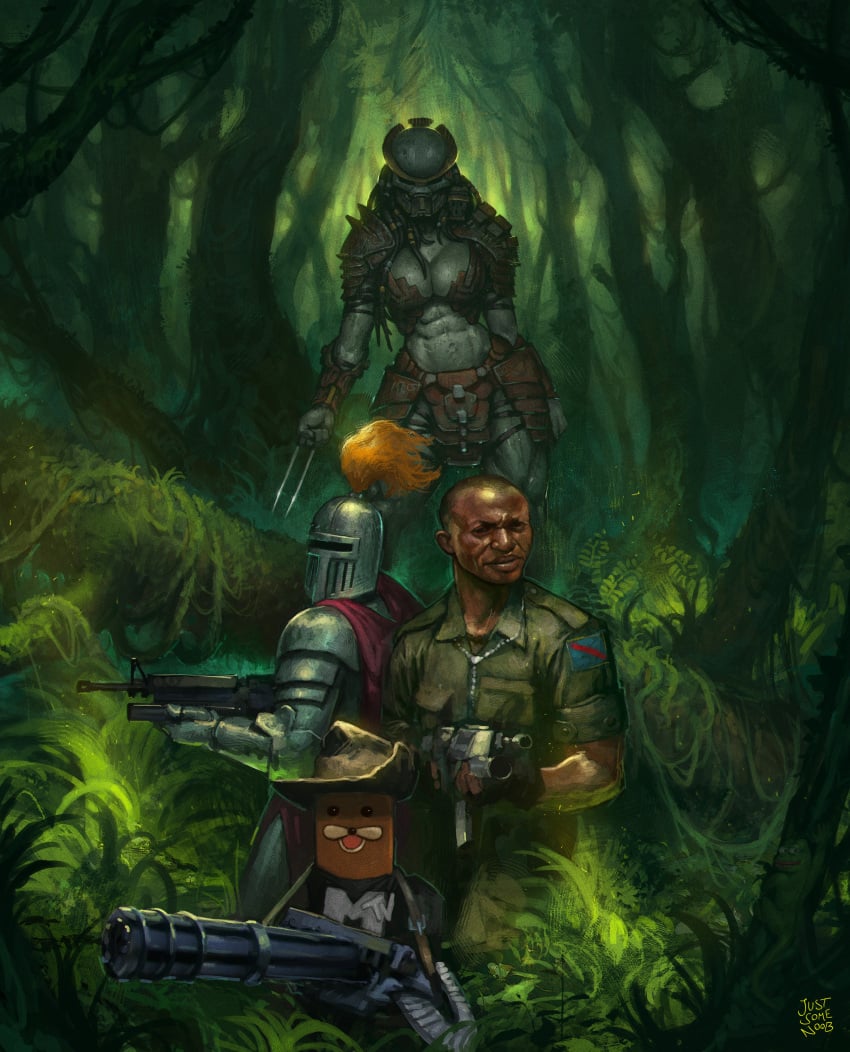 1girls 3boys 3boys1girl alien_girl digital_painting_(artwork) female female/male/male/male female_yautja gondola_(spurdo) great_content imminent_fight impractical_armor jungle justsomenoob knight large_breasts male male/male/male/female mandalore_gaming meme minigun monster_girl monster_girl_(genre) no_visible_genitalia pinup predator_(franchise) revealing_clothes revealing_outfit shitpost skimpy_armor skimpy_clothes ssethtzeentach yautja