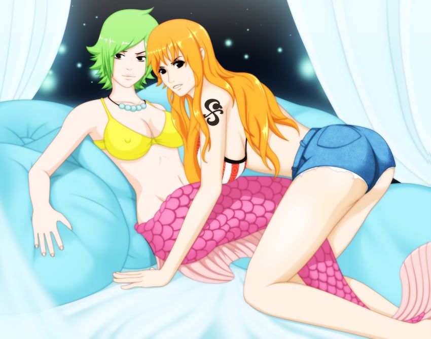 all_fours ass bed breasts camie erect_nipples female female_only fish_girl green_hair interspecies large_breasts long_hair looking_at_viewer looking_back mermaid mermaid_ass mermaid_girl mermaid_position mermaid_princess mermaid_tail mutual_yuri nami on_bed one_piece orange_hair pirate seduction seductive seductive_eyes seductive_look seductive_mouth seductive_pose seductive_smile serious sfan short_hair sideboob sitting tagme yuri