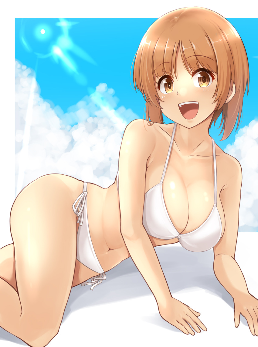 1girls arm_support big_breasts bikini breasts brown_eyes brown_hair busty cleavage female female_only girls_und_panzer highres kitayama_miuki large_breasts looking_at_viewer lying navel nishizumi_miho on_side open_mouth sensual short_hair smile solo swimsuit teeth tongue white_bikini