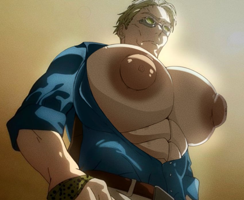 1boy abs bara bara_tiddies bara_tits big_breasts big_chest big_nipples big_pecs blonde_hair blonde_hair busty edit huge_breasts huge_chest huge_nipples huge_pecs kento_nanami male male_breasts male_only male_tits mirov mirovbent nanami_kento shirt_open