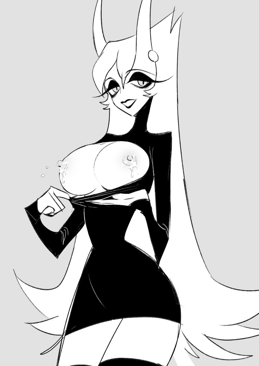 black_and_white breast_reveal demon_mom_(helluva_boss) helluva_boss helluva_venti imp lactation