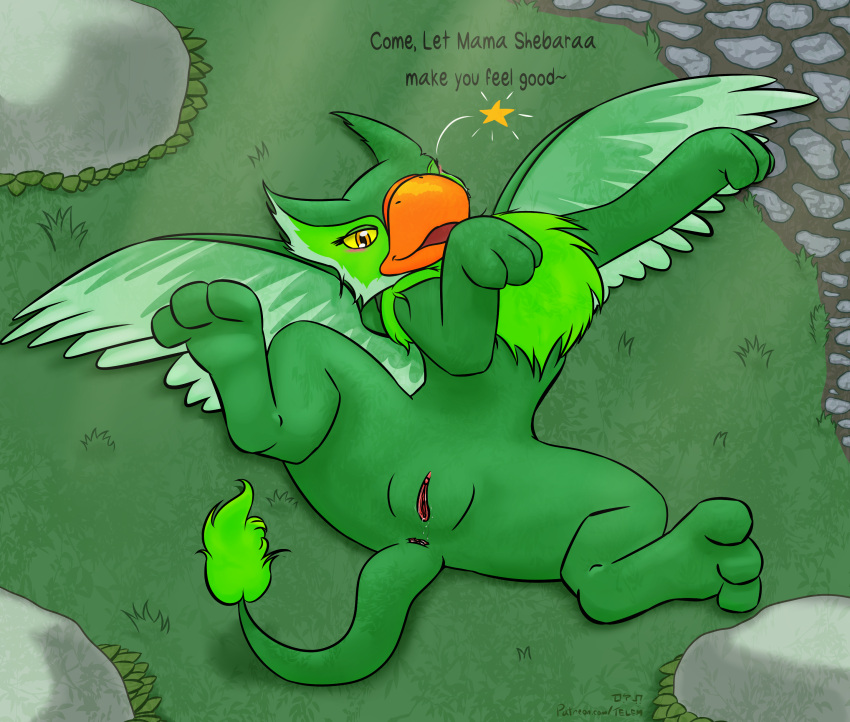 absurd_res anthro anus avian blush bodily_fluids eyrie_(neopets) female feral fur genital_fluids genitals green_body green_fur green_wings gryphon hi_res looking_at_viewer lying lying_on_ground mythological_avian mythological_creature mythology neopet_(species) neopets on_back on_ground one_eye_closed paws presenting presenting_pussy pussy solo spread_wings star telem vaginal_fluids wings wink