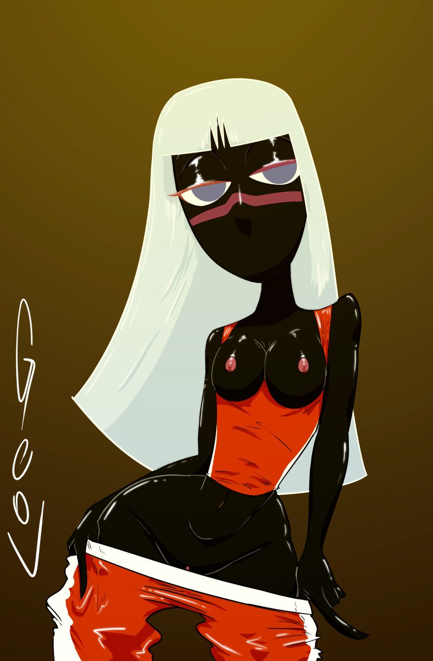 70's_theme black_body duck_dodgers exposed_breasts exposed_pussy female female_focus female_only geov looney_tunes martian martian_(duck_dodgers) queen_tyr'ahnee removing_clothing uncensored warner_brothers white_hair