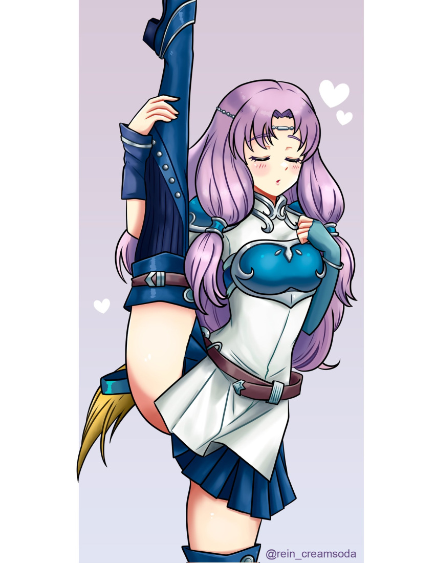 1girls armor blue_footwear blue_skirt boots breastplate circlet closed_eyes commission dress fire_emblem fire_emblem:_the_blazing_blade flexible florina_(fire_emblem) green_eyes heart highres holding_leg leg_lift leg_up long_hair medium_breasts nintendo parted_lips pleated_skirt purple_hair rein_creamsoda shoulder_armor skirt solo split standing standing_on_one_leg standing_split thigh_boots thighs twitter_username white_dress