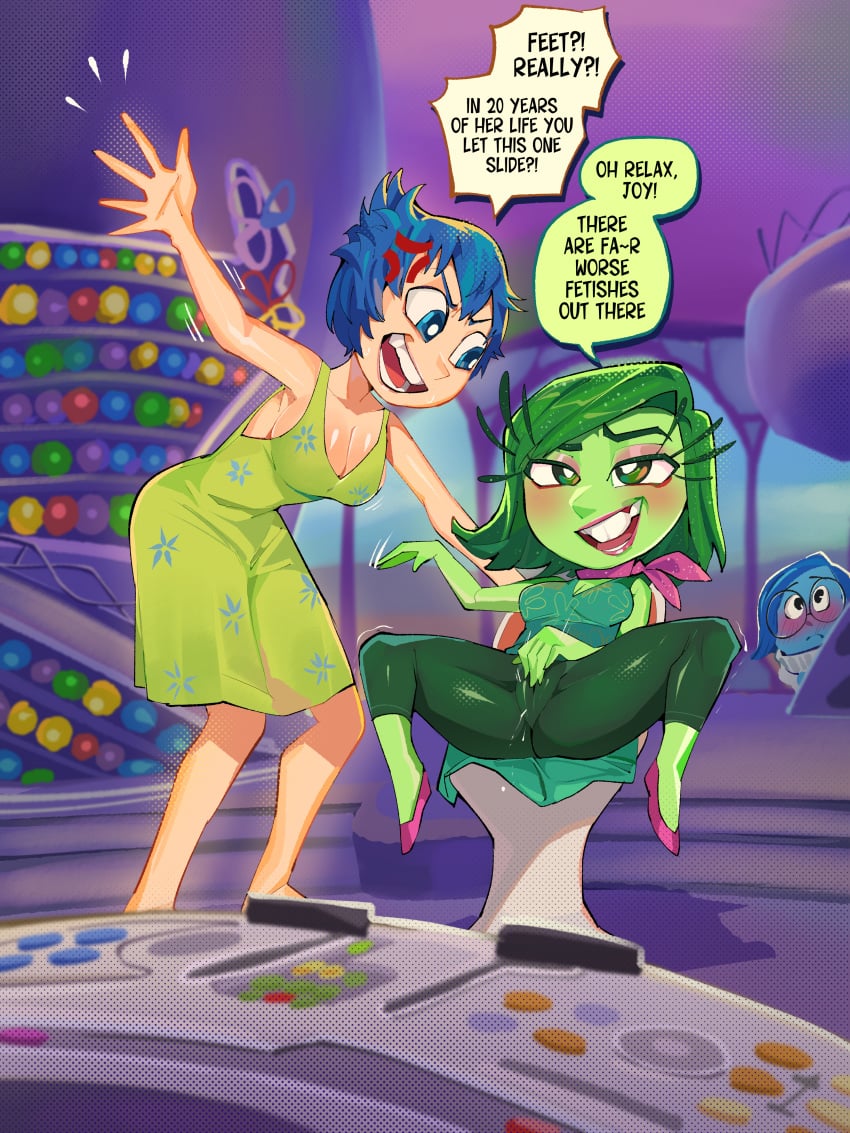 2024 2d 3girls angry annoyed blue_body blue_eyes blue_hair blue_skin dialogue diforland disgust_(inside_out) disgusting female fingering fingering_through_clothes full_color fully_clothed green_body green_hair green_skin high_quality high_resolution highres inside_out inside_out_2 joy_(inside_out) masturbating masturbation masturbation_through_clothing multiple_girls no_penetration sadness_(inside_out) short_hair short_hair_female spread_legs spreading tagme text trio trio_focus yellow_body yellow_skin