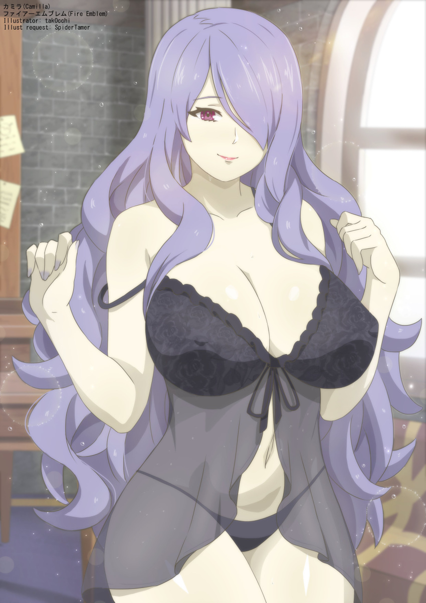 1girls big_breasts breasts camilla_(fire_emblem) female female_only fire_emblem fire_emblem_fates hair_over_one_eye human human_only light-skinned_female light_skin looking_at_viewer nightgown nintendo purple_hair solo tak0baka