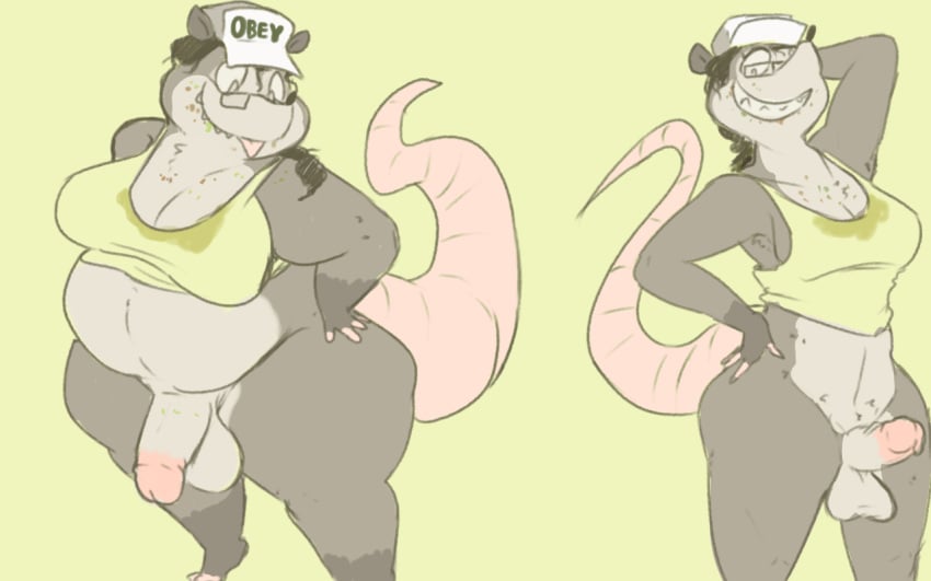 2018 anthro balls big_breasts black_hair black_nose bottomless breasts clothed clothing dickgirl erection eyewear futanari glasses grey_eyes hair hat humanoid_penis intersex low_res mammal marsupial obese opossum overweight penis sharp_teeth simple_background slightly_chubby smile standing sweat teeth thick_thighs tongue trish_(4chan) voluptuous wide_hips