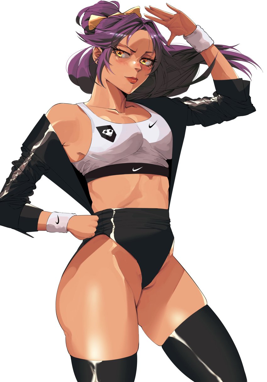 1girls bare_shoulders black_clothes black_jacket black_legwear black_thighhighs bleach blush bra breasts buruma cleavage clothing dark-skinned_female dark_skin female hand_on_hip jacket jobin_chan legwear leotard lo long_hair looking_at_viewer medium_breasts navel ponytail purple_hair ribbon shihouin_yoruichi simple_background solo sports_bra sportswear thighhighs thighs tied_hair underwear white_background white_sports_bra wrist_cuffs yellow_eyes