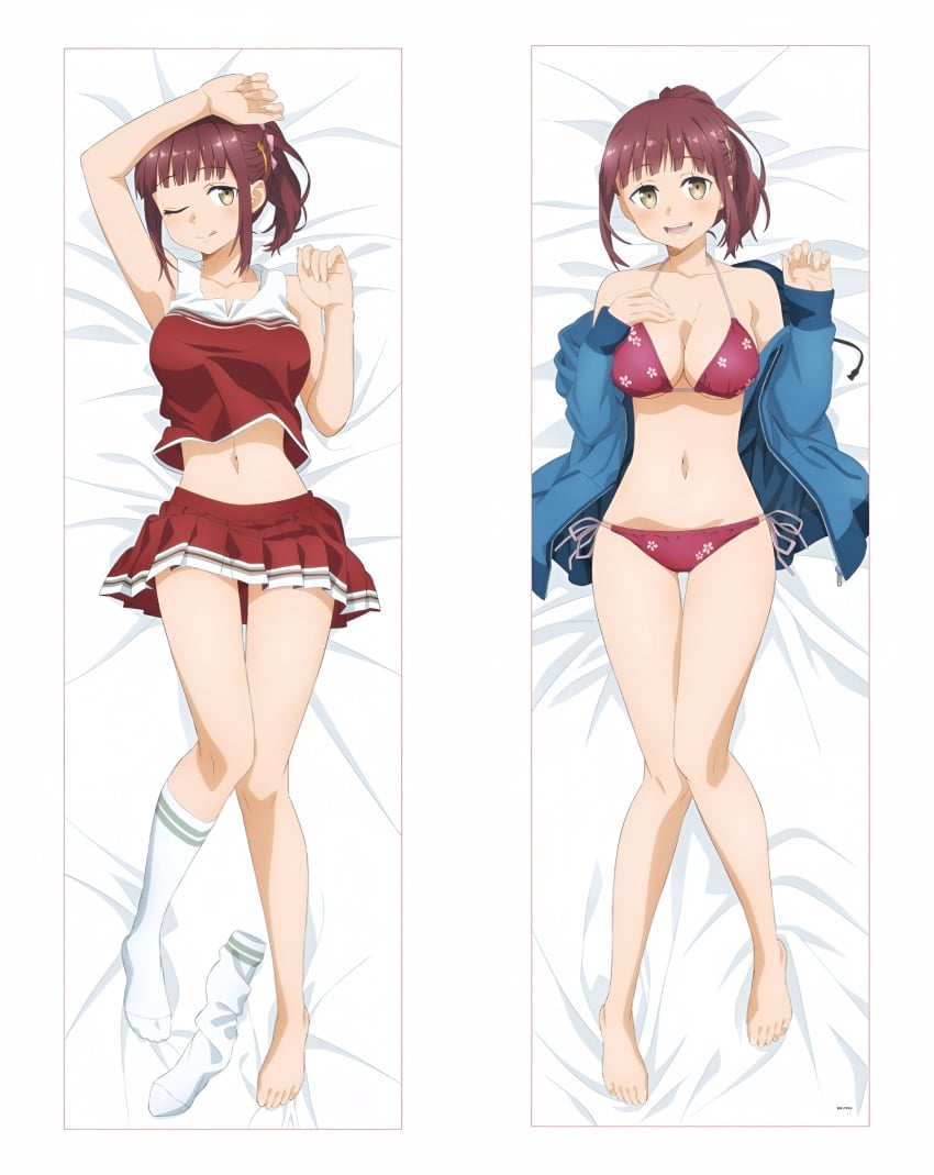 arm_up armpits bare_arms bare_belly bare_legs bare_shoulders bare_thighs barefoot bed_sheet belly_button big_breasts bikini blush breasts brown_eyes cheer-chan_(tawawa) cheerleader_uniform cleavage collarbone dakimakura feet getsuyoubi_no_tawawa hair_ornament licking_own_lips lying official_art one_eye_closed one_sock open_jacket open_mouth ponytail red_bikini red_hair skirt smile socks thighs toes tongue white_socks