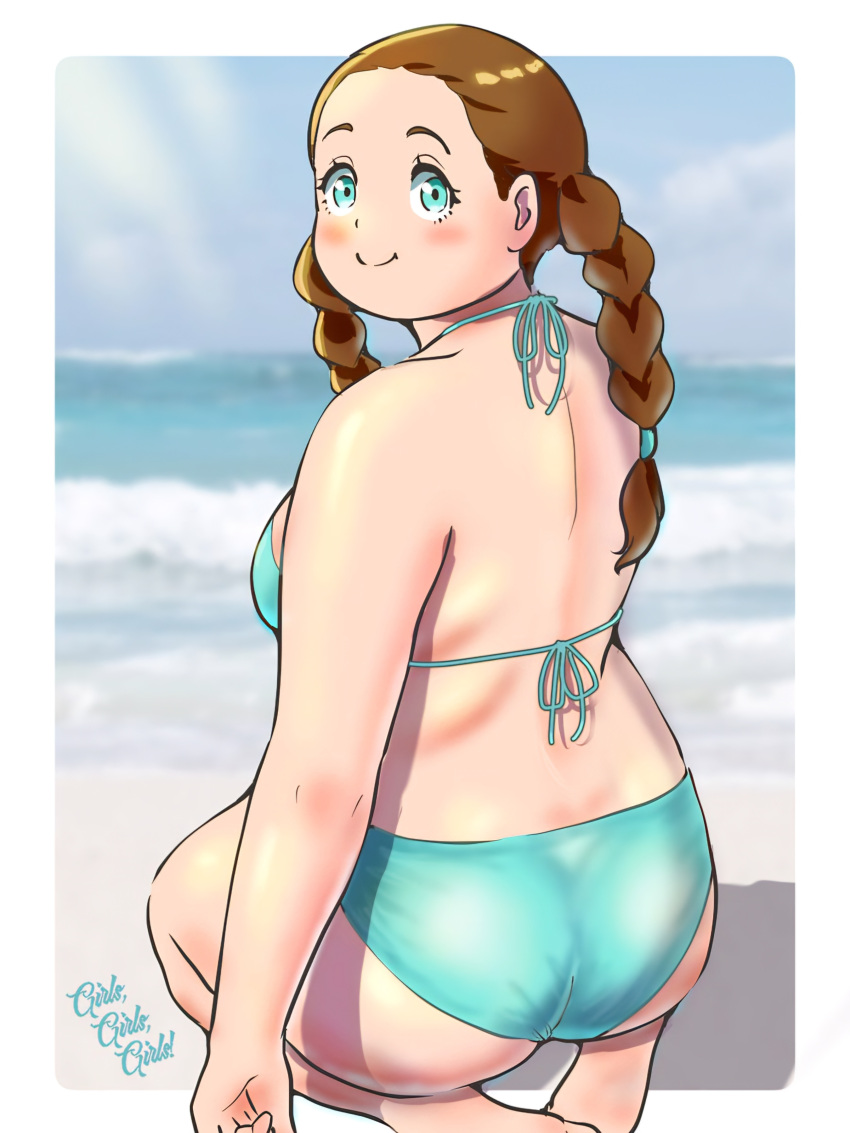 ass beach bikini blurry blurry_background blush border braid breasts brown_hair female gundam gundam_suisei_no_majo highres kenken28937178 lilique_kadoka_lipati looking_at_viewer looking_back medium_breasts ocean outside_border plump smile solo swimsuit twin_braids white_border