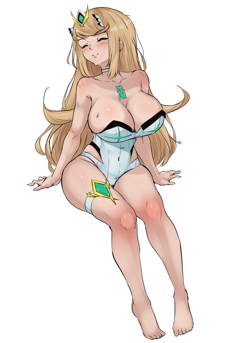 alternate_costume barefoot big_breasts blonde_hair breasts choker core_crystal feet female female_only headpiece leotard long_hair mythra nintendo simple_background sitting smiling solo spicycurryart thigh_belt toes xenoblade_(series) xenoblade_chronicles_2