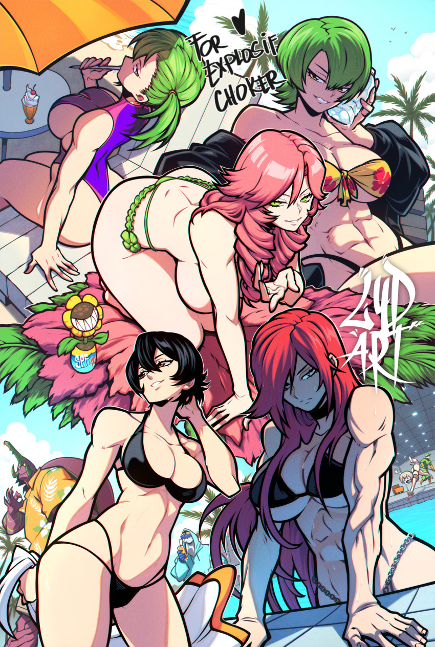 6girls abs ass beach bikini black_hair breasts cleavage cleavage_cutout commission green_eyes green_hair hi_res long_hair lydart_mclo multiple_girls muscular muscular_female navel open_mouth original pink_hair purple_eyes red_hair short_hair sideboob signature swimming_pool swimsuit