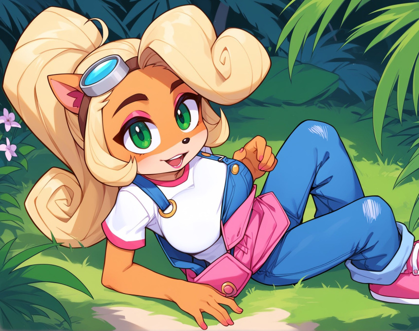 activision ai_generated big_breasts blonde_hair clothed coco_bandicoot crash_bandicoot_4:_it's_about_time furry_female goggles_on_head green_eyes jungle low_quality