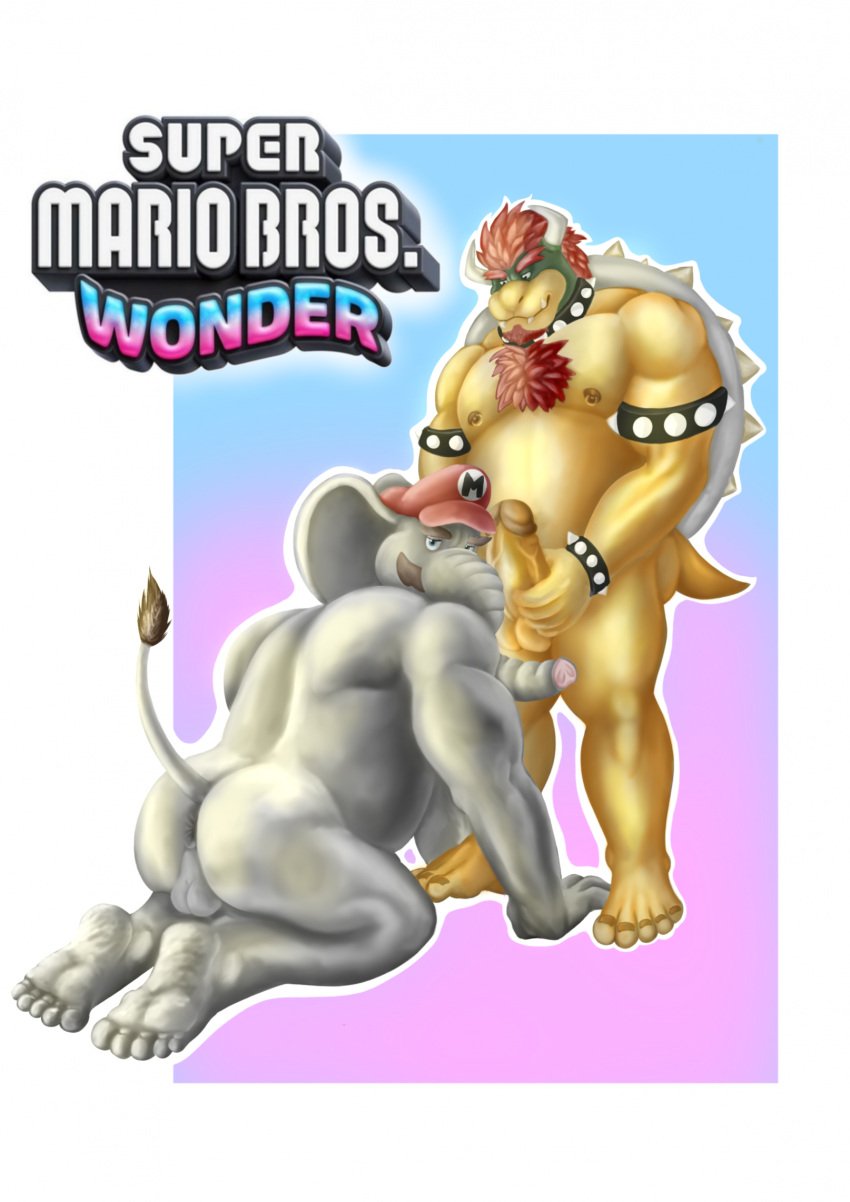 2boys ass ass_focus balls ballsack bara big_ass big_balls big_belly big_butt big_muscles big_penis bowser chubby chubby_anthro chubby_belly chubby_male clothing elephant elephant_mario elephantid gay male/male mario mario_(series) mario_bros._wonder muscle muscle_bottom muscle_top muscles muscular muscular_anthro muscular_male naked nintendo nintendo_switch penis