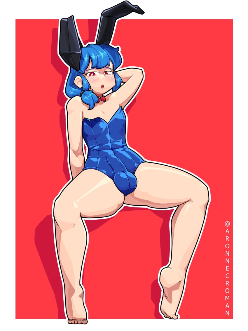 1boy aronnecroman blue_hair bulge bunnysuit erection_under_clothes femboy gay genderswap_(ftm) male_only red_eyes rule_63 tenshi_hinanawi touhou twink