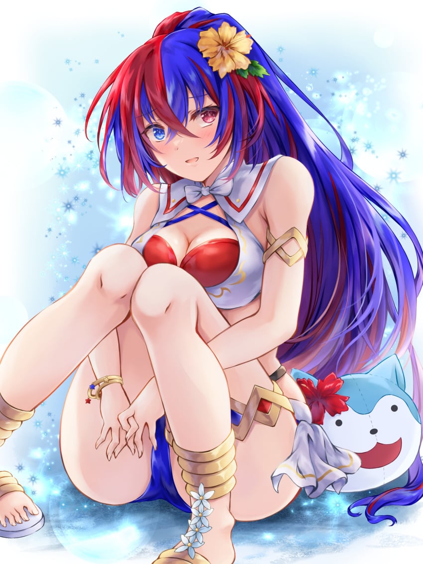 1girls alear_(female)_(fire_emblem) alear_(female)_(seaside_dragon)_(fire_emblem) alear_(fire_emblem) alternate_costume alternate_hairstyle armlet bikini blue_bikini blue_eyes blue_hair blue_swimsuit blush breasts character_ball cleavage crossed_bangs female female female_only fire_emblem fire_emblem_engage fire_emblem_heroes flower hair_flower hair_ornament heterochromia highres jewelry kei_(asufend) long_hair looking_at_viewer medium_breasts multicolored_hair nintendo official_alternate_costume official_alternate_hairstyle ponytail red_bikini red_eyes red_hair red_swimsuit sandals sitting smile solo sommie_(fire_emblem) split-color_hair swimsuit toes two-tone_hair white_background white_bikini white_swimsuit yellow_flower