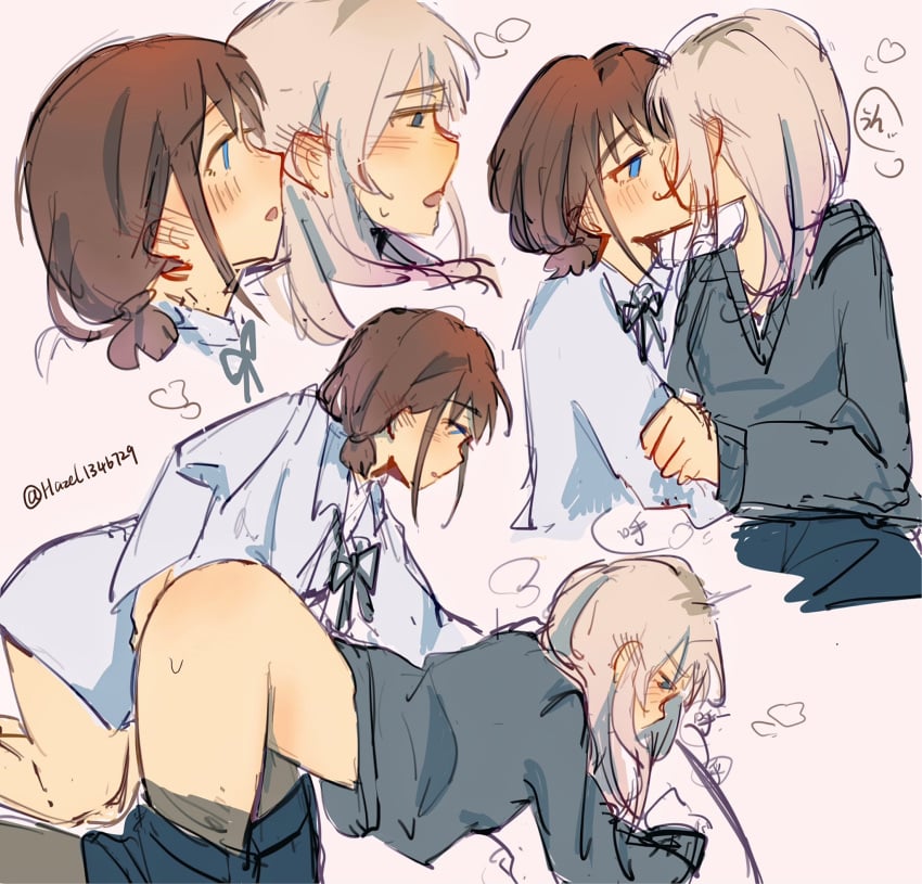 2girls all_fours ass black_sweater blue_eyes blue_shirt blush breath brown_hair chinese_commentary clothes_pull collared_shirt commentary_request ear_blush fingering fingering_from_behind girls_band_cry grey_background grey_hair hazel1346729 highres iseri_nina kawaragi_momoka kissing long_hair long_sleeves multiple_girls open_mouth pants pants_pull shirt short_twintails simple_background sweater twintails yuri