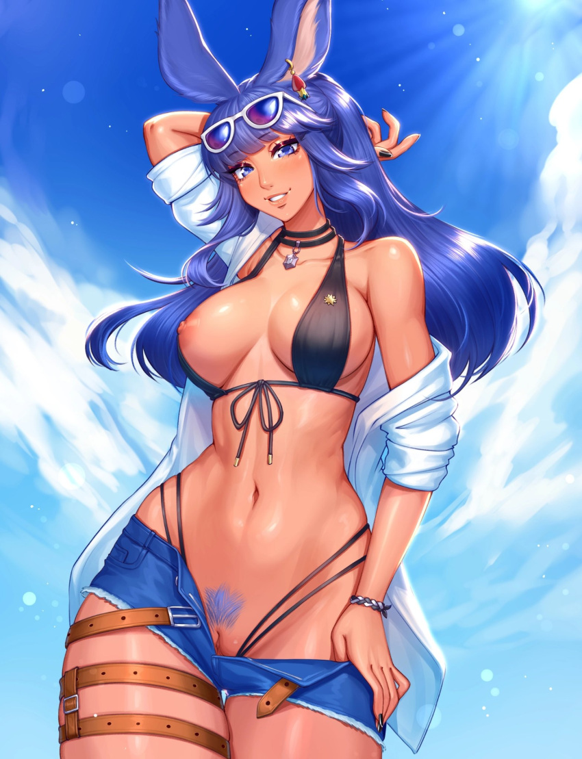 animal_ears artist_request bikini blue_eyes blue_hair choker clothes_pull commission denim denim_shorts eyewear_on_head final_fantasy final_fantasy_xiv highres nipple_slip nipples ponytail pubic_hair rabbit rabbit_ears second-party_source shion_(blue_bnnuy) shorts shorts_pull summer swimsuit thigh_strap viera w33ping_cat warrior_of_light_(ff14)