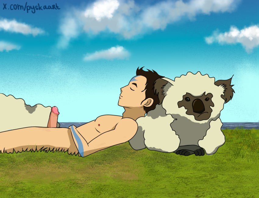 1boy aang air_nomad airbender_tattoo avatar_legends avatar_the_last_airbender big_penis boner male male_only nature_background penis public_nudity pyska sheep skinny sleeping the_avatar young