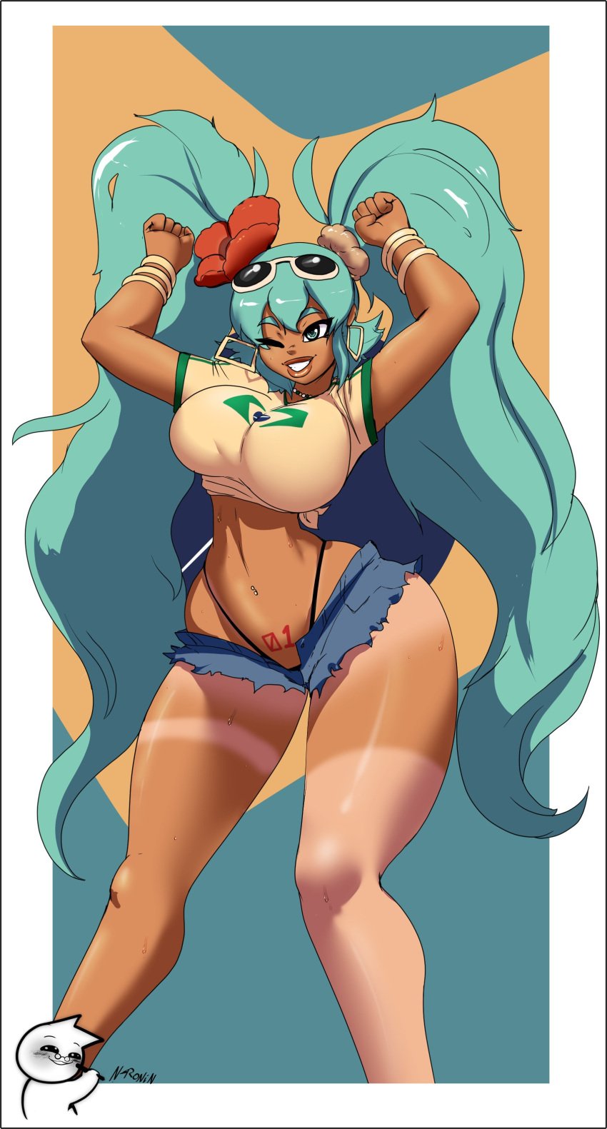 1girls big_breasts brazil brazilian brazilian_female brazilian_miku clothing green_hair hatsune_miku latin_american_hatsune_miku_(meme) n-ronin one_eye_closed short_jeans tan_body tan_skin tanline thick_thighs twintails vocaloid wide_hips