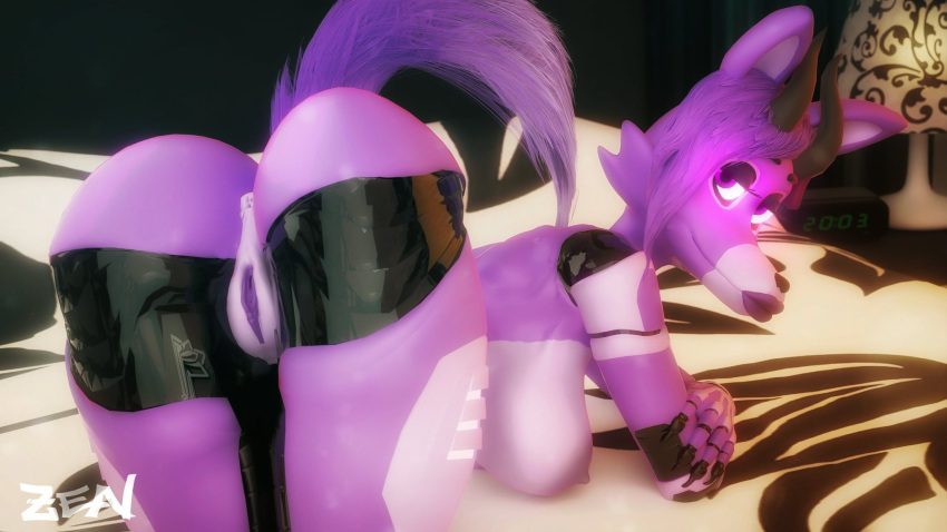 3d abajour animatronic black_nose bowtie cheek_dots fox fox_ears glowing glowing_eyes looking_at_viewer moon_(sidemoonlight) pointy_ears presenting_anus presenting_ass presenting_butt presenting_pussy purple_body robot thick_lips zealousrocket