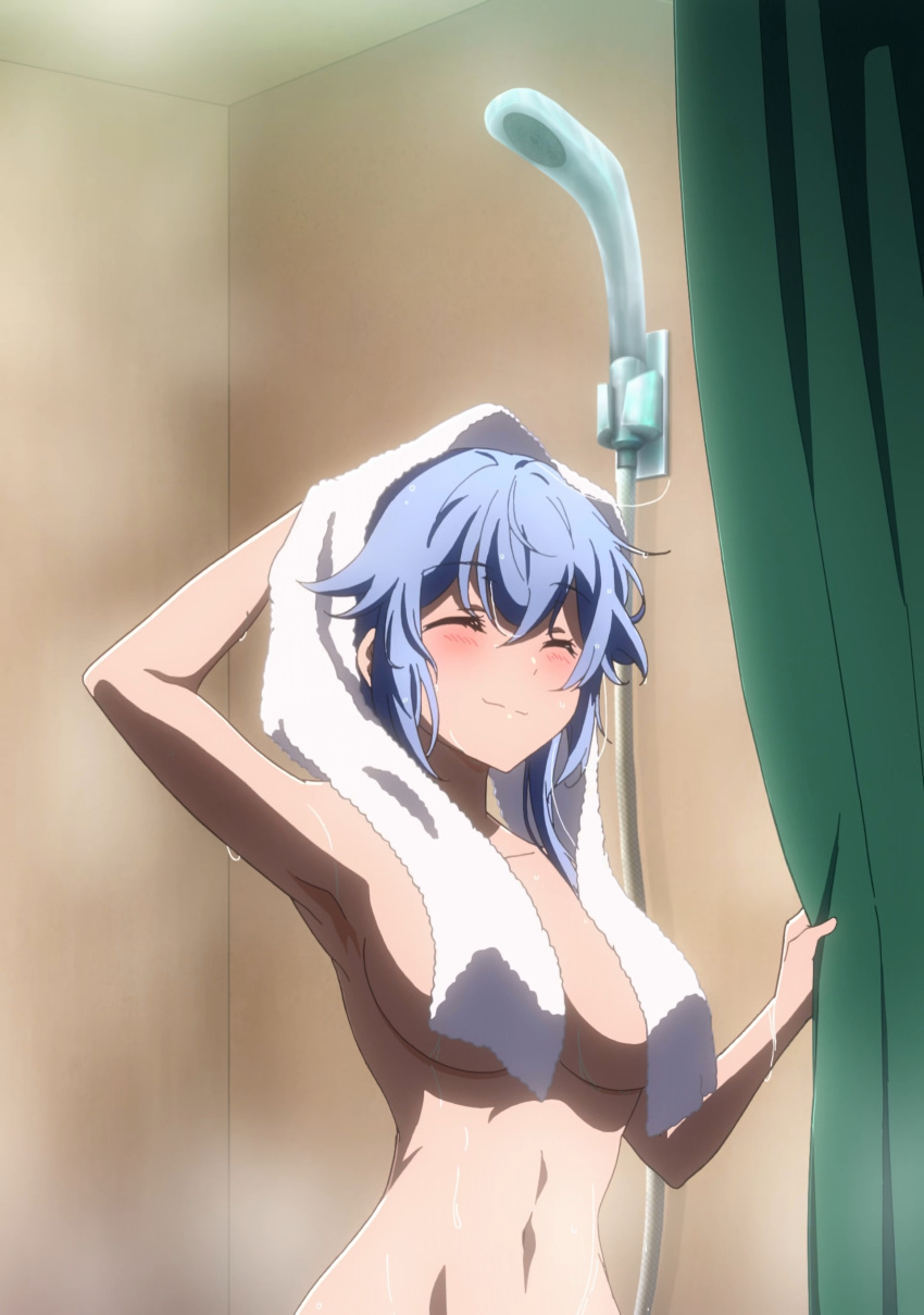 1girls after_bathing arm_behind_head armpits bathroom big_breasts breasts busty closed_eyes female female_only happy highres kimi_to_boku_no_saigo_no_senjou_arui_wa_sekai_ga_hajimaru_seisen klass_mismis large_breasts navel nude screencap sensual short_hair smile solo stitched third-party_edit towel towel_around_neck voluptuous wet