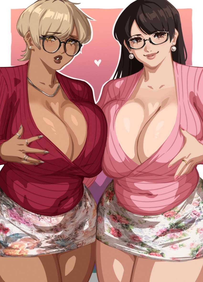 2girls 2milfs alecto_0 amber_eyes big_breasts black_hair blonde_hair brown_eyes brown_lipstick brown_nail_polish earrings glasses heart long_hair mature_female mature_woman milf milfs necklace only_female pink_nail_polish ring_(jewelry) rings round_glasses