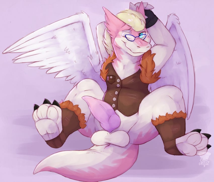 3_toes anus balls blonde_hair blue_eyes bottomless claws clothed clothing countershading dragon eyewear fur furred_dragon furry gay glasses hair long_tail looking_at_viewer male pawpads penis pink_fur pink_penis presenting presenting_penis shy smiz snout solo spread_legs spreading toes white_countershading wings