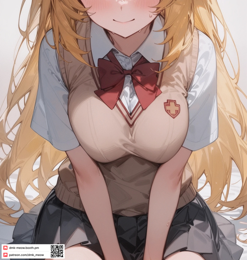 ai_generated black_skirt blonde_hair blush bow bowtie breasts brown_sweater_vest closed_mouth collared_shirt dmk_meow emblem fanbox_username female head_out_of_frame large_breasts long_hair pleated_skirt red_bow red_bowtie school_emblem school_uniform shirt shokuhou_misaki short_sleeves sitting skirt smile solo summer_uniform sweat sweater_vest to_aru_kagaku_no_railgun to_aru_majutsu_no_index tokiwadai_school_uniform very_long_hair white_shirt