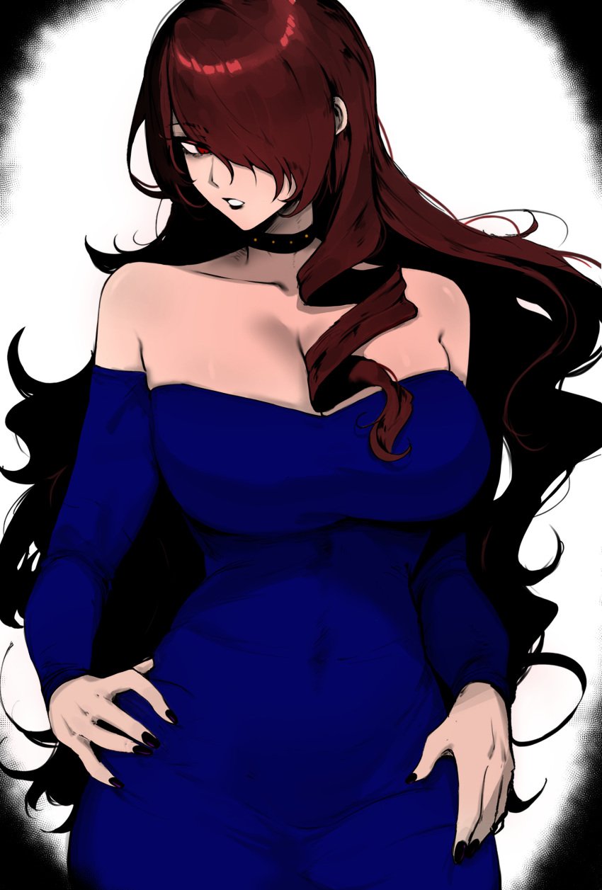 1girls big_breasts blue_dress breasts colored curvy edited female female_focus female_only hair_over_one_eye hands_on_waist japanese masoq095 mitsuru_kirijo mommy nails_painted painted_nails persona persona_3 red_eyes red_hair redhead thight_clothing tight_clothing wide_hips