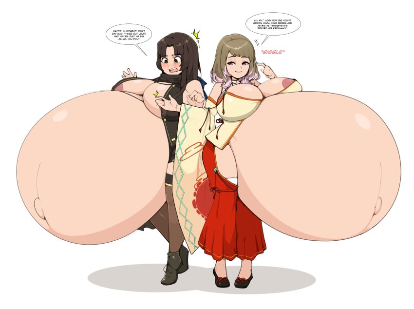 2girls big_butt big_thighs blush commission commissioner_upload dialogue enju_saion-ji hotaru_kokonohi huge_breasts hyper_pregnancy massive_belly moe_ninja_girls multiple_girls ninja ninja_clothes shocked_expression smile zeruxu