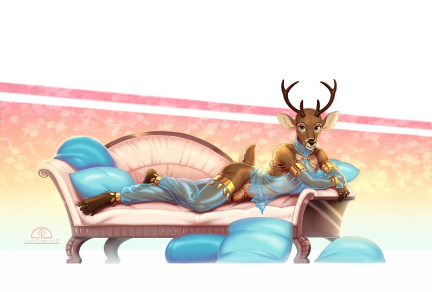 2018 anthro anthro_only antlers arm_support bracelet cervine chains chastity_cage clothed clothing deer furry furry_only girly harem_outfit horn humanoid_hands jewelry ladychimaera looking_at_viewer male mammal penis piercing pillow reclining simple_background smile solo translucent transparent_clothing