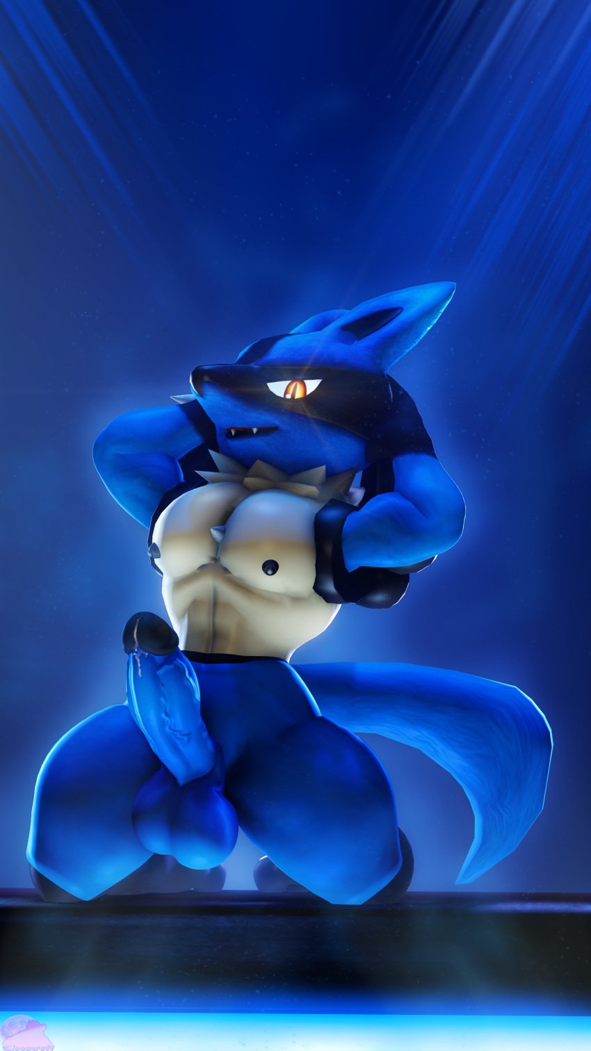 1boy 3d 3d_(artwork) 3d_animation abs anubis aura balls black_body blue_body canine cock commission commissioner_upload erection furry furry_only gay hands_behind_head looking_at_viewer looking_pleasured lucario male male_only moonwulf muscular muscular_male nipples penis penis_veins pokemon pokemon_(species) pose precum presenting_penis sfm simple_background smirk smirking smirking_at_viewer smoke source_filmmaker stage tan_body