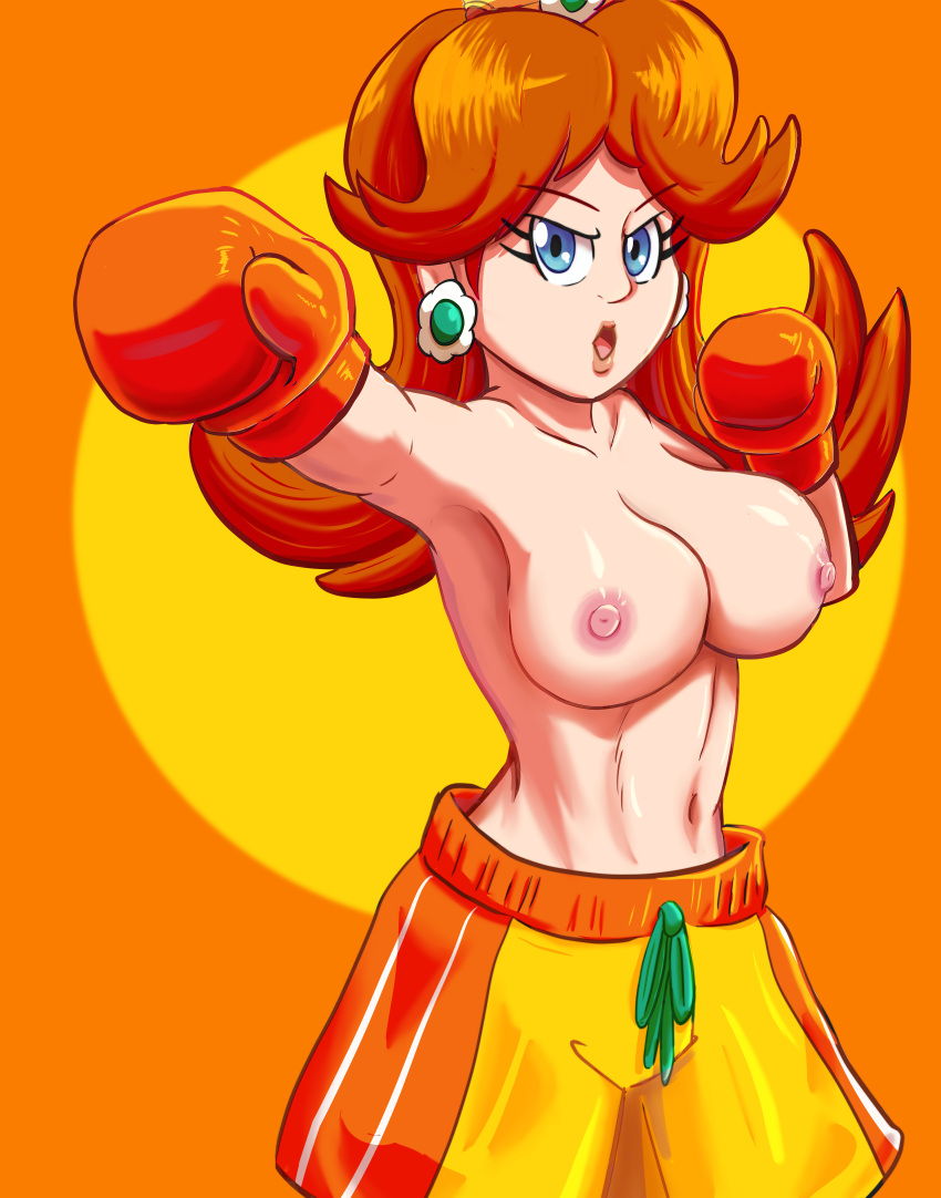 1girls blue_eyes boxing boxing_gloves boxing_shorts breasts casual_nudity crown curvy daisy_dukes digital_art digital_drawing_(artwork) digital_media_(artwork) digital_painting_(artwork) earrings female female_only flower_earrings foxy_boxing ginger_hair gloves light-skinned_female light_skin lips mario_(series) nintendo nipples o_face open_mouth orange_boxing_gloves orange_gloves pink_nipples princess_daisy punch self_upload shorts shoulder_length_hair simple_background solo thick_thighs throwing_punch topless topless_female wide_hips