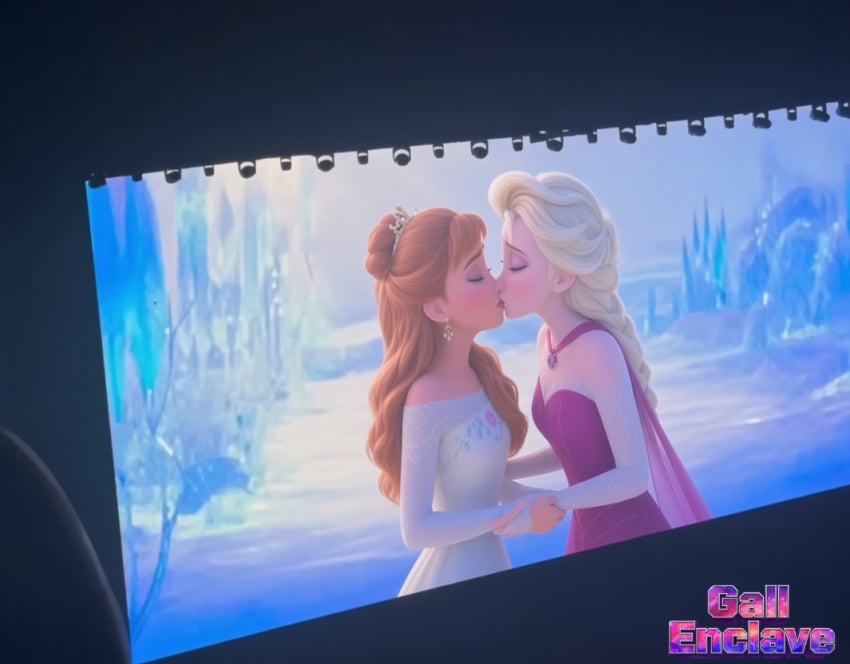 2girls ai_generated anna_(frozen) cape dark_place disney elsa_(frozen) female frozen_(film) incest incest_(lore) kiss leaked lesbian_kiss light-skinned_female light_skin long_hair long_hair_female low_quality_edit medium_breasts movie red_hair sisters snow_background tiara trailer white_hair_female yallahs80 yuri