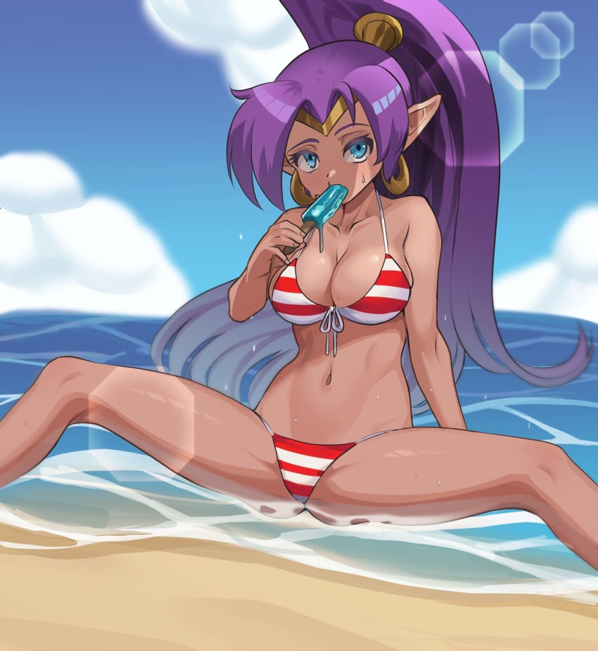 1girls big_breasts bikini bikini_bottom bikini_top blue_eyes bottomwear breasts cleavage ear_piercing earrings female female_only hair hoop_earrings legs_spread nico-mo pointy_ears ponytail popsicle popsicle_in_mouth purple_hair red_bikini shantae shantae_(character) solo solo_female spread_legs swimwear topwear water