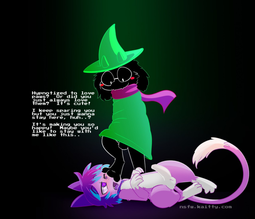 2018 3_toes 4_fingers balls blush claws collar deltarune english_text erection eyewear feet feline fingers foot_fetish foot_on_face glasses hat humanoid_penis kaitty kaittycat looking_down lying male mammal on_back penis ralsei scarf standing text toe_claws toes video_games yaoi