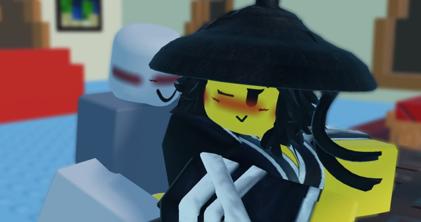 1girls 3d bandages black_hair blush grey_body grey_skin katana_battler_(the_battle_bricks) robe roblox roblox_game robloxian self_upload sex table the_battle_bricks tumore wompwompsad yellow_body yellow_skin