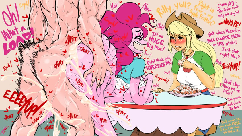 1boy 2girls 2girls1boy annoyed applejack_(eg) applejack_(mlp) ass big_macintosh_(eg) big_macintosh_(mlp) blonde_hair cum cum_inside dialogue english_text excessive_cum fakeryway from_behind huge_ass huge_breasts my_little_pony orange_hair orange_skin pink_hair pink_skin pinkie_pie_(eg) pinkie_pie_(mlp) pleasure_castle possible_incest right_in_front_of_my_salad right_in_front_of_my_salad?_(meme) sex shirt_up text watching