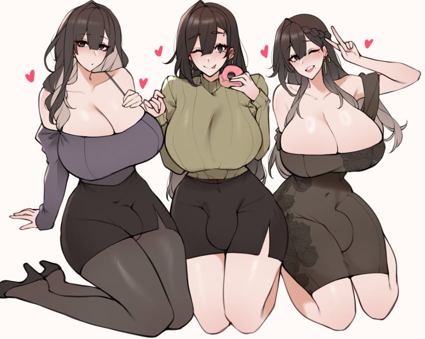 3futas 3girls big_breasts blush blushing breasts brown_hair brunette_hair bulge busty cleavage clothed curves curvy family fully_clothed futa_only futanari heels huge_breasts large_breasts light-skinned_futanari light_skin niwada_(unbeller) original original_character pantyhose penis_bulge sisters thick thick_thighs thighs unbeller white_background