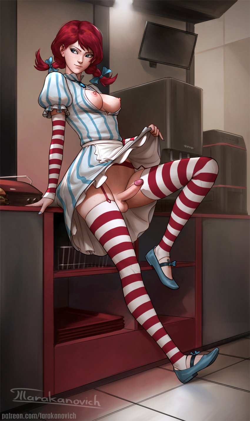 1futa apron areolae balls blue_ribbon blue_shoes bow breasts clothing detached_sleeves dickgirl dress erection futa_only futanari intersex nipples penis red_and_white_stockings red_hair skirt skirt_lift solo stirrup_legwear striped_dress striped_legwear striped_sleeves tarakanovich testicles thighhighs twintails wendy's wendy_thomas